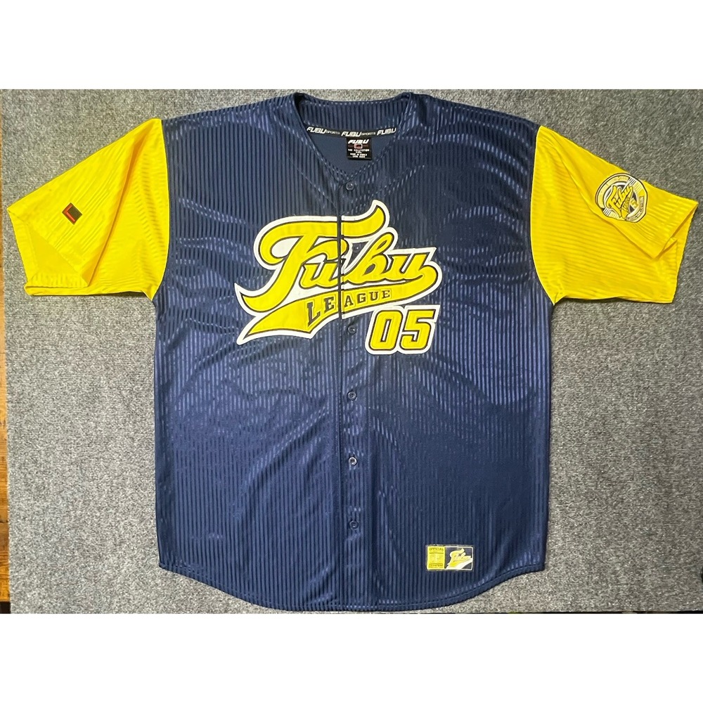 Vintage FUBU Baseball Jersey Mens XXL Blue Yellow Fubu League 05 Striped